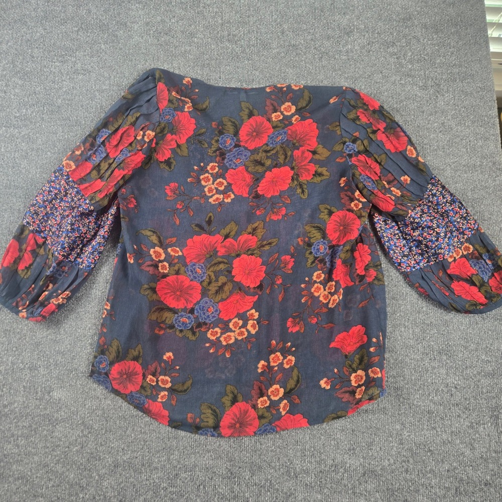 Daniel Rainn Blouse Women Large Blue Red Mixed Floral Smocked Peasant - Picture 4 of 9